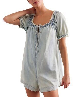 Free People Light Wash Denim Romper with Smocked Neckline
